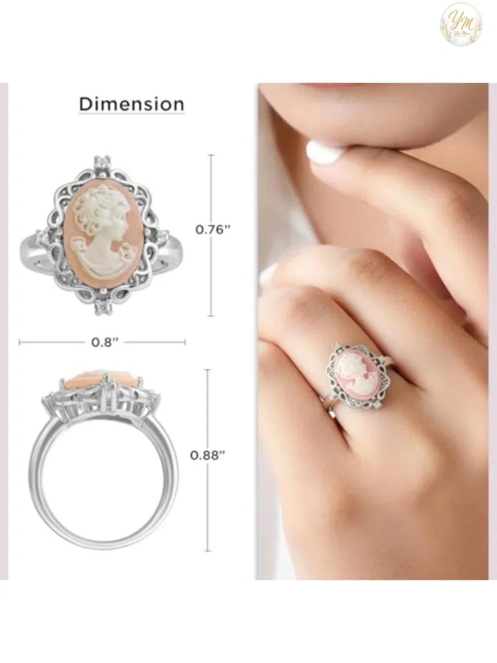 Sterling Silver Agate Cameo Statement Ring Size 8